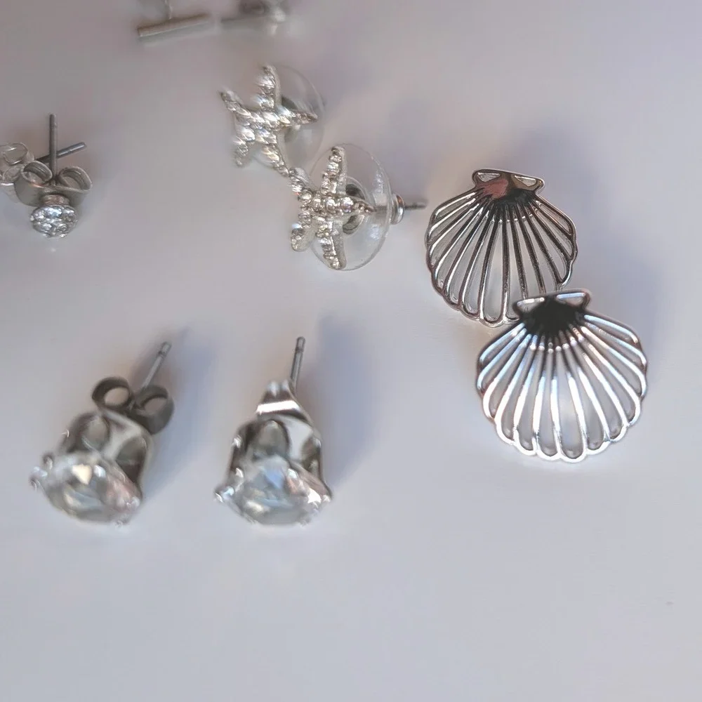 Mixed Stud Earring Set 7 Pairs Nautical Anchor Starfish‎ Shell Silver Tone